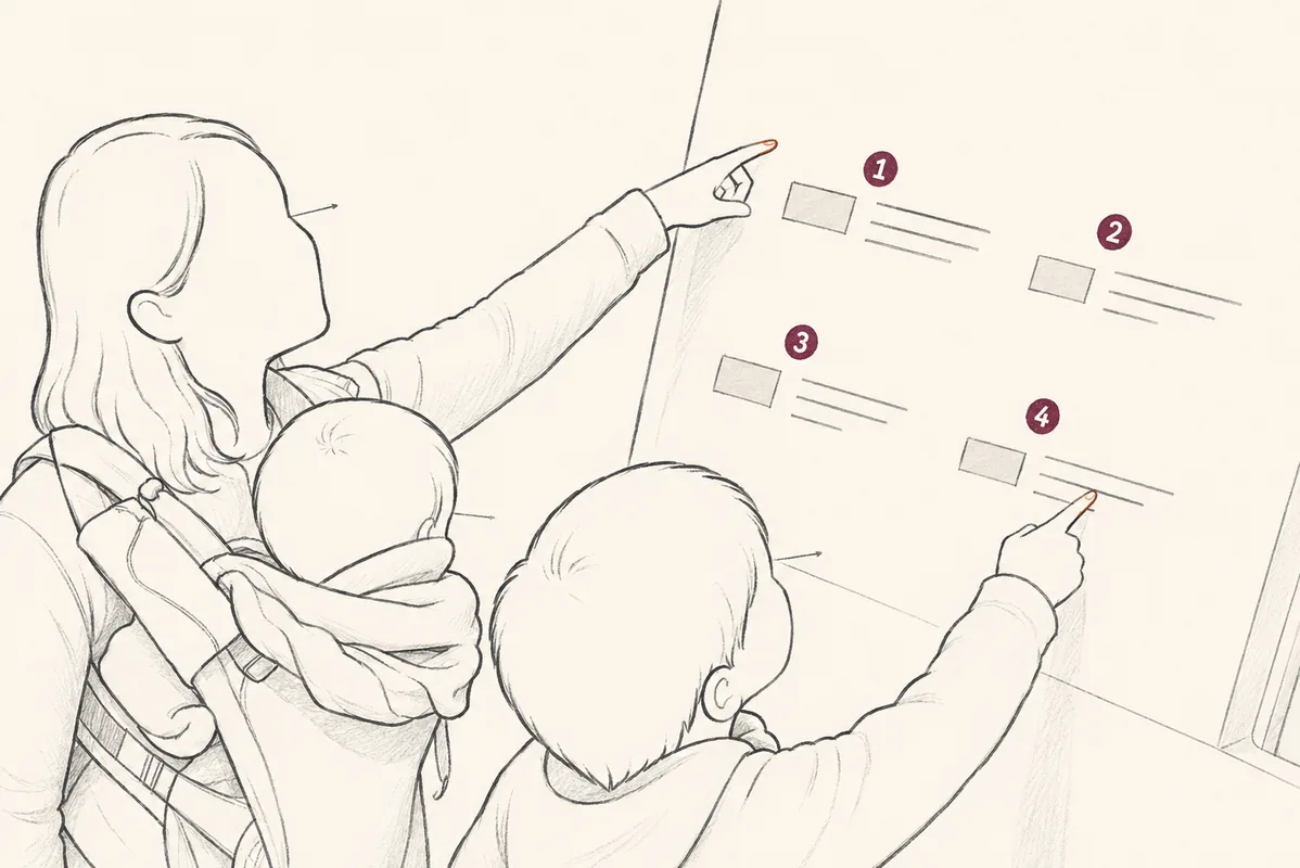 Anonymous line drawing of a multilingual family jointly pointing at a museum exhibit